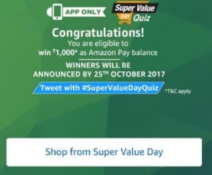 amazon super value day congratulations win Rs 1000