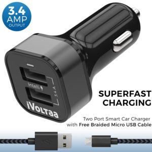 iVoltaa 3.4A Dual Port Rapid Car Charger with Free Braided Charging Cable (Micro USB) for all types of Mobiles,Tablets,GPS