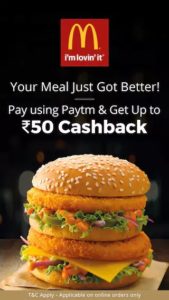 PayTM - Get 10% cashback up to Rs.50 cashback when you pay using Paytm Wallet at McDonalds