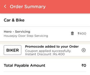 housejoy app apply code BIKER and get Rs 400 off