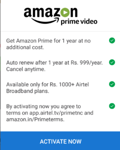 Airtel- Get Free Amazon Prime 