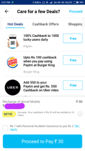 Paytm – Proof of Rs 30 Cashback On Recharge Of Rs 30