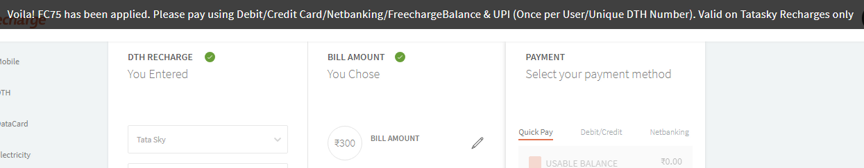 freecharge tatasky FC75 code