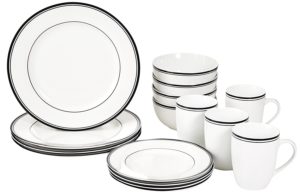 AmazonBasics 16-Piece Cafe Stripe Dinnerware Set- Black