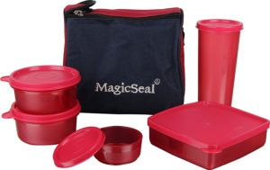 Amazon - Buy Polyset Magic Seal Luxur Plastic Lunch Box Set with Bag, 6-Pieces, Red at Rs 250