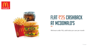 McDonald’s – Rs. 25 Cashback on Paying via FreeCharge