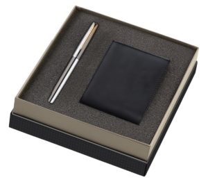 Parker Frontier Stainless Steel Gold Trim Fountain Pen Gift Set - Blue Ink, with Leather Wallet