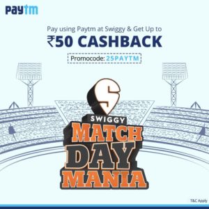 Swiggy - Get 25% Cashback upto Rs 50 on paying via Paytm