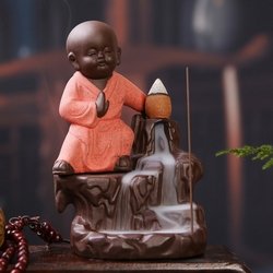 eCraftIndia Karate Style Red Monk Buddha Smoke Backflow Cone Incense Holder 