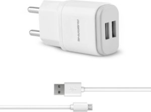 Ambrane AWC-22 2.1A Dual Port Fast Charger with Charge & Sync USB Cable Mobile Charger (White)