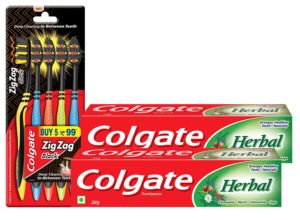 Amazon - Buy Colgate Herbal Toothpaste 200 g (Pack of 2) plus Colgate ZigZag Black Medium Tooth Brush (Pack of 5) at Rs. 187