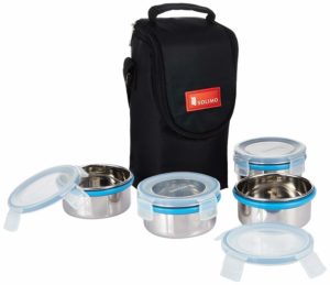 Amazon - Buy Amazon Brand - Solimo Stainless Steel Lunch Box Set with Bag, 300ml, 11cm Diameter, 4-Pieces, Clear Lid  at Rs 399