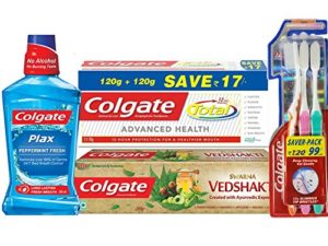 Amazon - Buy Colgate Total Toothpaste - 240 g with Swarna Vedshakti Toothpaste - 200 g and Plax Freshmint Mouthwash - 250 ml with Free Slim Soft Toothbrush  at Rs 307