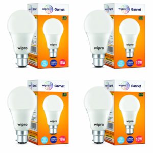 Amazon - Buy Wipro Garnet Base B22 10-Watt LED Bulb (Pack of 4, Cool Day Light)  at Rs 349