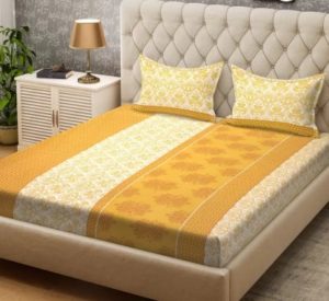 Welspun 104 TC Cotton Double Printed Bedsheet (Pack of 1, Yellow