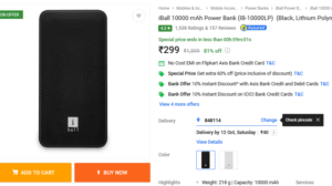 Flipkart iBall 10000 mAh Power Bank (IB-10000LP) at Rs 299