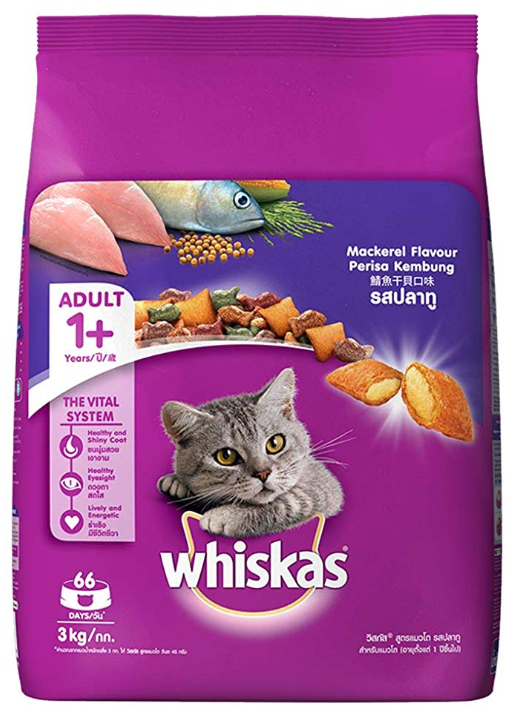 Whiskas Adult (+1 year) Dry Cat Food, Mackerel Flavour, 3kg Pack