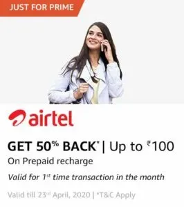 50% cashback upto Rs 100 on recharge and bill payment on My Airtel