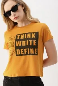 DressBerry Women Mustard Yellow Printed Round Neck T-shirt