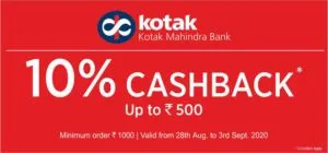 10% cashback upto Rs 500 via Kotak Mahindra Bank Credit/Debit card