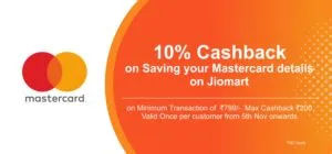 Get 10% Cashback on a single transaction of a minimum amount of Rs 799 via Mastercard