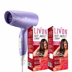 Livon Heat Protect Serum, For Protection Upto 250°c, 2x Less Hair Breakage & Syska Hair Dryer, 100 ml (Pack of 2) at Rs 720.