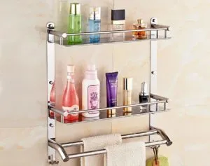 Gosai 2 Layer Shelf with Towel Rod Stainless Steel Bathroom Shower Shelf Bathroom Organizer (Size -16 inch) at Rs 1311