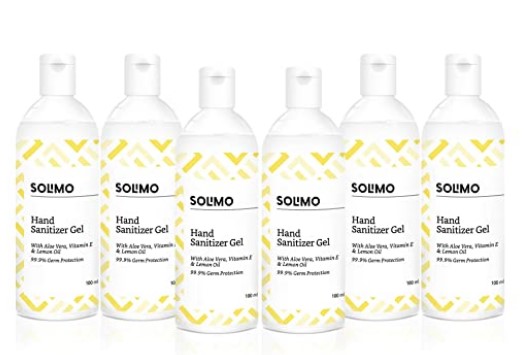 Amazon Brand - Solimo Hand Sanitizer Gel - 100 ml (Pack of 6, Lemon Oil)