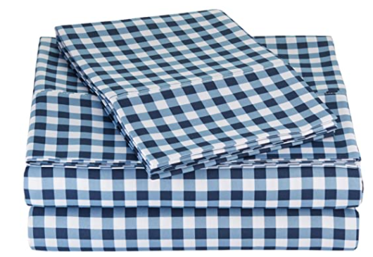 AmazonBasics Microfiber Sheet Set - (Includes 1 bedsheet, 1 Fitted Sheet with Elastic, 2 Pillow Covers,Blue) King, Gingham Plaid