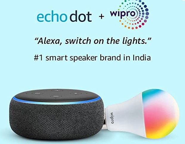 Echo Dot (3rd Gen, Black) + Wipro 9W LED Smart Color Bulb combo - Works with Alexa - Smart Home starter kit